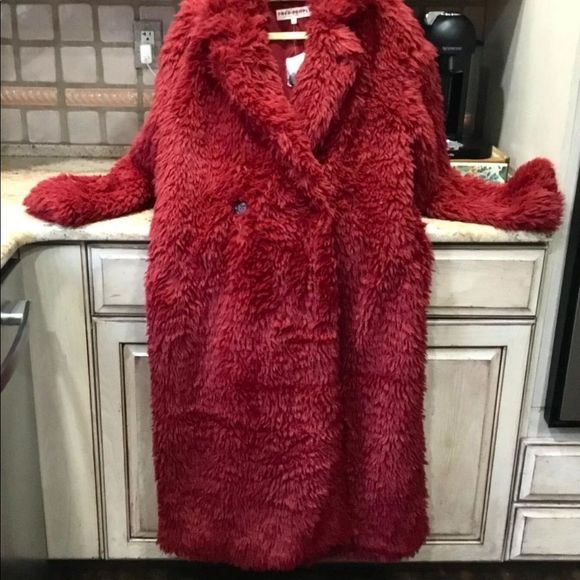 Free People Evys Faux Fur Coat Maxi Teddy Shawl Collar Plush Lined Red - Picture 4 of 7